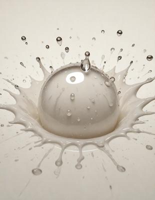 The primary subject of the image is a white, round, and shiny object, which appears to be a milk drop or a bubble. The setting is a white surface, possibly a table or a countertop. The visual style of the image is a close-up, focusing on the details of the object. The colors in the image are predominantly white, giving it a clean and fresh appearance. The overall mood of the image is calm and serene, as it captures a simple and ordinary object in a minimalist