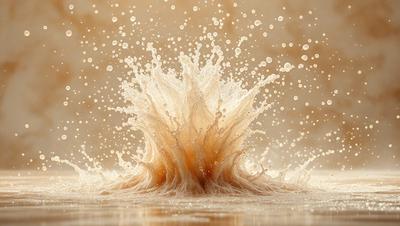 The primary subject of the image is a foamy, bubbly substance, possibly milk or a similar liquid, with a yellowish hue. The setting is a white background, which provides a clean and uncluttered environment for the subject. The visual style appears to be a combination of photo and digital art, as the bubbles are captured in a realistic manner while the overall composition and lighting suggest a digital artwork. The colors and mood of the image are predominantly warm and inviting, with