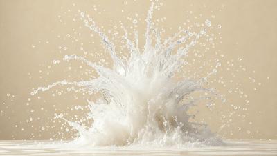 The primary subject of the image is a large splash of water, which appears to be a white foam or froth. The setting is a white background, which contrasts with the water splash. The visual style is a close-up of the water splash, showcasing its texture and details. The colors and mood of the image are predominantly white, giving it a clean and fresh appearance.