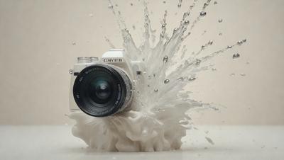 The primary subject of the image is a white camera, which is the main object in the scene. The camera is placed on a white surface, which serves as the background. The visual style of the image is a combination of photo and digital art, as it appears to be a digital artwork of a camera. The colors in the image are predominantly white, giving it a clean and minimalist appearance. The overall mood of the image is calm and uncluttered.