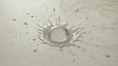 The primary subject of the image is a single drop of water, which is captured in a close-up shot. The setting is a white surface, which provides a clean and minimalistic backdrop for the water drop. The visual style is a realistic representation of the water drop, showcasing its unique shape and texture. The colors and mood of the image are predominantly white, giving it a calm and serene atmosphere.