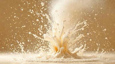 The primary subject of the image is a close-up of a milk splash, with the milk forming a white, foamy shape. The setting is a table, and the visual style appears to be a photo. The dominant colors are white and yellow, creating a clean and fresh atmosphere.