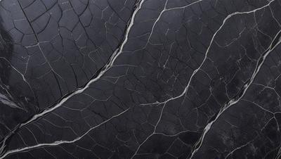 The primary subject of the image is a black and white photograph of a cracked, textured surface. The setting is a black background, which emphasizes the texture and patterns of the surface. The visual style is a close-up of the cracked surface, showcasing its intricate details. The colors and mood of the image are predominantly dark and moody, with the black and white color scheme adding to the dramatic atmosphere.
