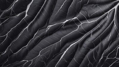 The primary subject of the image is a close-up of a black and white patterned surface, possibly a piece of art or a textured wall. The setting appears to be a dark room, with the patterned surface being the main focus of the image. The visual style is a close-up, which emphasizes the intricate details of the pattern. The colors and mood of the image are predominantly black and white, creating a sense of depth and contrast.