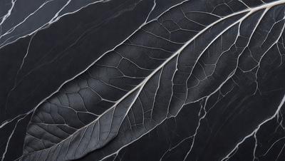 The primary subject of the image is a close-up of a leaf, possibly a dead leaf, with a black background. The leaf is the main focus of the image, and it appears to be a natural, textured object. The visual style of the image is a close-up, which emphasizes the details of the leaf. The colors in the image are predominantly black, giving the image a somewhat moody atmosphere.