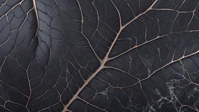 The primary subject of the image is a large, dark, and textured leaf. The setting is a black background, which contrasts with the leaf's rich colors. The visual style is a close-up of the leaf, showcasing its intricate details. The colors and mood of the image are dark and moody, with the leaf's texture adding depth and interest to the composition.