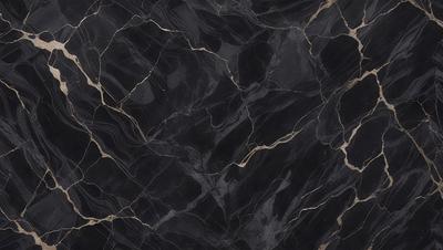 The primary subject of the image is a black marble countertop with a gold pattern. The setting is a kitchen, and the visual style is a close-up of the marble countertop. The dominant colors are black and gold, creating a luxurious and elegant atmosphere.