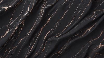 The primary subject of the image is a black and brown fabric with a pattern of swirls and stripes. The setting is a close-up view of the fabric, showcasing its intricate design. The visual style is a detailed, textured photograph of the fabric. The colors and mood of the image are predominantly dark, with the black and brown fabric creating a moody atmosphere.