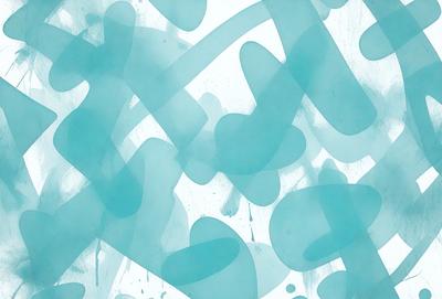 The primary subject of the image is a blue and white painting or drawing, featuring a pattern of hearts and other shapes. The setting is a white background, which provides a clean and minimalist appearance. The visual style is a combination of artistic expression and digital art, as the painting appears to be a digital creation. The dominant colors are blue and white, creating a calm and soothing atmosphere.