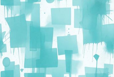 The primary subject of the image is a blue and white painting featuring a pattern of squares. The setting is a white wall, and the visual style appears to be a combination of digital art and illustration. The dominant colors are blue and white, creating a calm and soothing atmosphere.