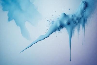 The primary subject of the image is a blue and white painting of a dripping substance, possibly a liquid or a frozen substance. The setting is a white background, which provides a clean and minimalistic environment for the artwork. The visual style appears to be a combination of digital art and illustration, as the dripping substance is depicted in a detailed and realistic manner. The colors and mood of the painting are predominantly blue and white, creating a sense of calmness and elegance.