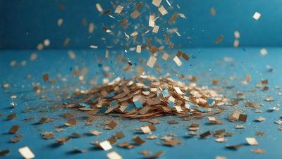The primary subject of the image is a pile of confetti, which is scattered on a blue surface. The confetti is made up of gold and blue colors, creating a visually appealing and festive atmosphere. The setting appears to be a room or an outdoor space, with the confetti being the main focus of the scene. The visual style of the image is a close-up of the confetti, showcasing its details and texture.