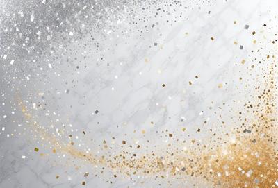 The primary subject of the image is a marble surface with a pattern of gold glitter. The setting is a white marble wall, and the visual style is a combination of a photo and digital art. The colors and mood of the image are predominantly gold and glittery, creating a luxurious and elegant atmosphere.