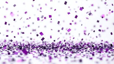 Purple confetti is falling on a white background.
