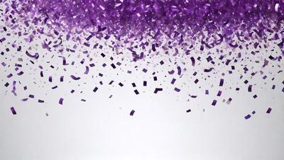 Purple confetti is falling on a white background, creating a visually striking scene. The purple confetti is scattered throughout the image, with some pieces falling closer to the foreground and others further in the background. The combination of the purple confetti and the white background creates a vibrant and lively atmosphere.