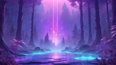 The primary subject of the image is a purple light, which appears to be a magical or fantastical element. The setting is a forest, with trees surrounding the light. The visual style is digital art, as the light and the forest are depicted in a surreal and imaginative manner. The colors and mood of the image are predominantly purple, creating a sense of mystery and enchantment.