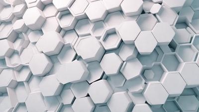 The primary subject of the image is a white wall with a pattern of hexagonal shapes. The setting is a white room, and the visual style appears to be a combination of a photo and digital art. The dominant colors are white and gray, creating a clean and minimalist atmosphere.