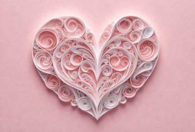 The primary subject of the image is a heart-shaped paper cutout. The heart is made of paper and is placed on a pink background. The visual style of the image is a combination of digital art and illustration, as the heart is created using paper cutouts and arranged on a pink surface. The colors and mood of the image are predominantly pink, giving it a warm and inviting atmosphere.