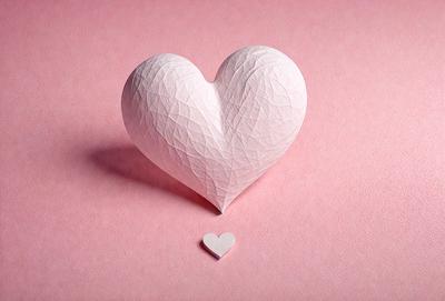 The primary subject of the image is a heart-shaped paper sculpture. The heart is placed on a pink surface, which serves as the setting or background. The visual style of the image is a combination of photo and digital art, as it appears to be a photograph of a digital artwork. The colors and mood of the image are predominantly pink, which gives it a warm and romantic atmosphere.
