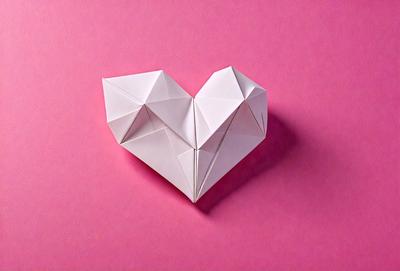 The primary subject of the image is a heart-shaped paper, which is placed on a pink surface. The setting is a close-up of the paper, showcasing its intricate design. The visual style is a combination of digital art and illustration, as the paper appears to be a 3D model or a digital drawing. The colors and mood of the image are predominantly pink, creating a warm and inviting atmosphere.
