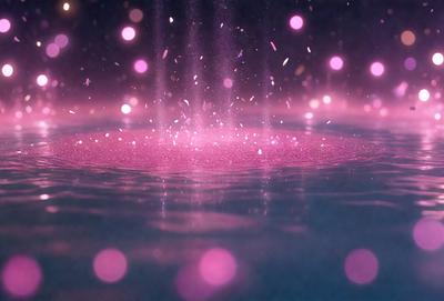The primary subject of the image is a pink circle, which appears to be a reflection in the water. The setting is a body of water, possibly a pool or a lake, with a pinkish hue. The visual style of the image is a combination of photo and digital art, creating a unique and artistic representation of the scene. The colors and mood of the image are predominantly pink, giving it a warm and inviting atmosphere.