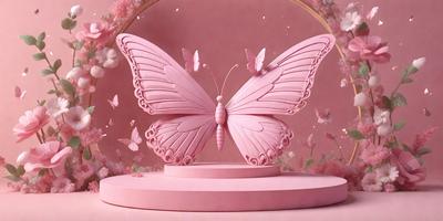 The primary subject of the image is a pink butterfly sculpture. The setting is a pink background, which complements the butterfly's color. The visual style is a combination of digital art and illustration, creating a unique and eye-catching design. The colors and mood of the image are predominantly pink, giving it a warm and inviting atmosphere.