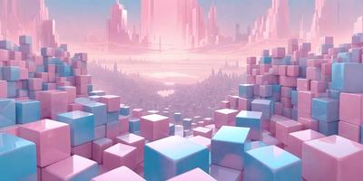 The primary subject of the image is a large cityscape with a pink and blue color scheme. The setting is a futuristic city with a skyline filled with skyscrapers. The visual style is a digital art or illustration, creating a unique and vibrant atmosphere. The colors and mood convey a sense of wonder and excitement, as the cityscape is depicted in a creative and imaginative manner.