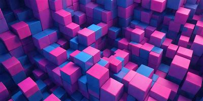 The primary subject of the image is a large, colorful arrangement of blue and pink blocks. The setting is a three-dimensional space, with the blocks forming a patterned wall. The visual style is a combination of digital art and illustration, creating a vibrant and lively atmosphere. The dominant colors are blue and pink, which contribute to the overall mood of the image.