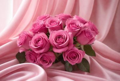 The primary subject of the image is a bouquet of pink roses. The setting is a pink background, which adds a soft and romantic touch to the scene. The visual style is a close-up of the bouquet, showcasing the details of the roses. The colors and mood of the image are predominantly pink, creating a warm and inviting atmosphere.