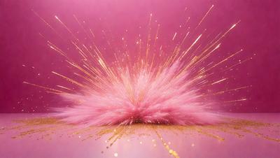 The primary subject of the image is a pink explosion of glittery sparks. The setting is a pink background, which adds to the overall visual style. The image appears to be a digital art or illustration, as it captures the vibrant colors and dynamic movement of the sparks. The dominant colors are pink and gold, creating a lively and energetic atmosphere.
