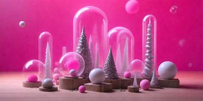 The primary subject of the image is a collection of white and pink spheres, which are placed on a wooden table. The setting is a pink background, which adds a vibrant and warm atmosphere to the scene. The visual style is a combination of digital art and illustration, creating a unique and eye-catching display. The colors and mood of the image are predominantly pink and white, giving it a playful and whimsical feel.