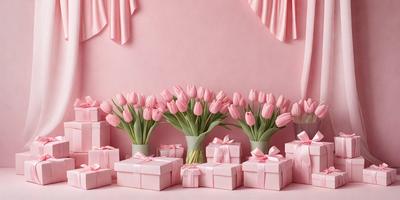 The primary subject of the image is a bouquet of pink tulips. The setting is a pink wall, which serves as the backdrop for the flowers. The visual style is a photo, capturing the beauty of the flowers in their natural environment. The colors and mood of the image are predominantly pink, creating a warm and inviting atmosphere.
