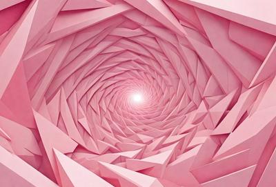 The primary subject of the image is a large, pink, three-dimensional structure that resembles a tunnel or a spiral. The setting is a pink background, which adds to the overall visual style. The image is a digital art or illustration, showcasing a unique and creative design. The dominant colors are pink, which gives the structure a warm and inviting atmosphere.