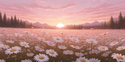 The primary subject of the image is a field of white flowers, with a sunset in the background. The setting is a grassy field with mountains in the distance. The visual style is a digital art illustration, creating a serene and picturesque scene. The colors and mood are predominantly warm and calming, with the sunset casting a warm glow over the field of flowers.