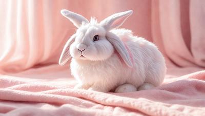 The primary subject of the image is a white rabbit sitting on a pink surface. The rabbit appears to be a stuffed toy, giving it a cuddly and playful appearance. The setting is a pink background, which complements the rabbit's color and adds a warm and inviting atmosphere to the scene. The visual style of the image is a close-up of the rabbit, emphasizing its features and making it the focal point of the picture.