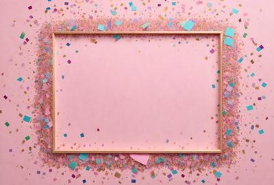 The primary subject of the image is a pink frame with a white background. The setting is a pink background with gold confetti sprinkled around the frame. The visual style is a combination of a photo and digital art, creating a unique and eye-catching design. The colors and mood of the image are predominantly pink and gold, giving it a warm and inviting atmosphere.