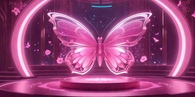 The primary subject of the image is a large, pink butterfly sculpture. The setting is a pink room with a pink table, and the visual style is digital art. The dominant colors in the image are pink, and the overall atmosphere is bright and cheerful.