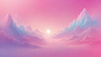 The primary subject of the image is a beautifully drawn mountain range with a sunset in the background. The setting is a pink sky, which adds a warm and serene atmosphere to the scene. The visual style is a combination of digital art and illustration, creating a vibrant and detailed landscape. The colors and mood of the image are predominantly pink, which gives it a dreamy and romantic feel.