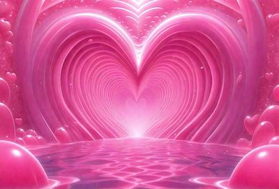 The primary subject of the image is a heart-shaped tunnel or passage, which is pink in color. The setting is a water-like environment, with the heart-shaped tunnel extending into the water. The visual style of the image is digital art, as it appears to be a digital illustration or drawing. The dominant colors in the image are pink and purple, creating a warm and inviting atmosphere.