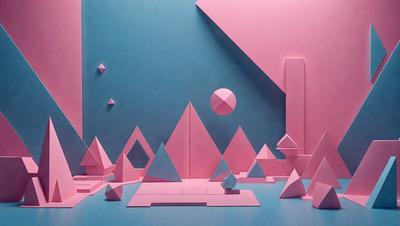 The primary subject of the image is a collection of geometric shapes, including triangles and a circle, arranged in a pink and blue landscape. The setting is a blue background with a pink triangle, and the visual style appears to be a combination of digital art and illustration. The colors and mood of the image are predominantly pink and blue, creating a vibrant and lively atmosphere.