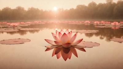 The primary subject of the image is a large, beautifully colored flower floating on a body of water. The flower is situated in the center of the scene, surrounded by a serene and peaceful environment. The visual style of the image is a combination of photo and digital art, creating a realistic yet artistic representation of the flower. The colors and mood of the image are predominantly pink and calming, evoking a sense of tranquility and natural beauty.