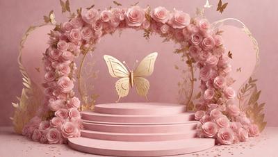 The primary subject of the image is a butterfly, which is sitting on a pink pedestal. The setting is a pink background, and the visual style appears to be a combination of photo and digital art. The dominant colors are pink and gold, creating a warm and inviting atmosphere.