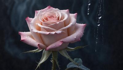 The primary subject of the image is a single pink rose. The rose is the focal point of the scene, and it is placed against a dark background. The visual style of the image is a close-up of the rose, showcasing its details and texture. The colors of the rose are predominantly pink, creating a warm and romantic atmosphere.