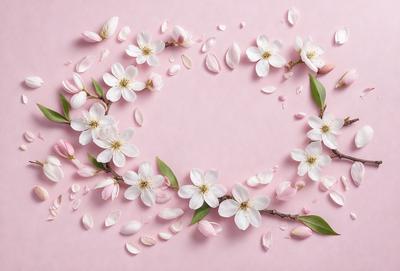 The primary subject of the image is a beautiful bouquet of pink flowers, including cherry blossoms, arranged in a circle on a pink background. The visual style of the image is a close-up of the flowers, showcasing their delicate petals and intricate details. The colors and mood of the image are predominantly pink, creating a warm and inviting atmosphere.