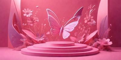 The primary subject of the image is a pink butterfly. The setting is a pink background, which creates a warm and inviting atmosphere. The visual style is a combination of digital art and illustration, giving the image a unique and artistic appearance. The colors and mood of the image are predominantly pink, creating a sense of femininity and delicacy.