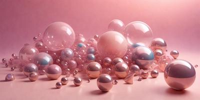The primary subject of the image is a collection of pink and blue bubbles, which are floating on a pink surface. The setting appears to be a pink background, and the visual style is a combination of photo and digital art. The colors and mood of the image are predominantly pink and blue, creating a calm and soothing atmosphere.