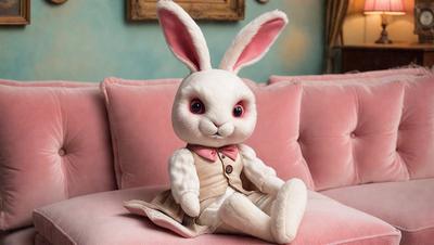 The primary subject of the image is a white stuffed bunny rabbit sitting on a pink couch. The setting is a cozy living room, and the visual style is a photo. The dominant colors are pink and white, creating a warm and inviting atmosphere.