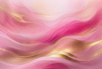 The primary subject of the image is a pink and gold painting, featuring a flowing design with swirls and waves. The setting is a pink background, which complements the painting's colors. The visual style is a painting, showcasing the artist's skill in creating a vibrant and dynamic scene. The dominant colors are pink and gold, giving the painting a warm and inviting atmosphere.