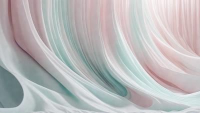 The primary subject of the image is a large, flowing sheet of fabric, which appears to be a piece of clothing. The setting is a bed, with the sheet of fabric draping over it. The visual style of the image is a combination of photo and digital art, creating a unique and artistic representation of the fabric. The colors and mood of the image are predominantly blue and white, giving it a calm and serene atmosphere.