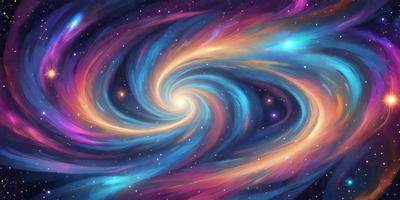 The primary subject of the image is a spiral galaxy, which is a swirling mass of stars and gas. The galaxy is set against a backdrop of a purple and blue sky, creating a vibrant and colorful scene. The visual style of the image is a digital art or illustration, showcasing the spiral galaxy in a unique and artistic manner. The dominant colors in the image are purple, blue, and orange, creating a sense of depth and beauty in the galaxy's
